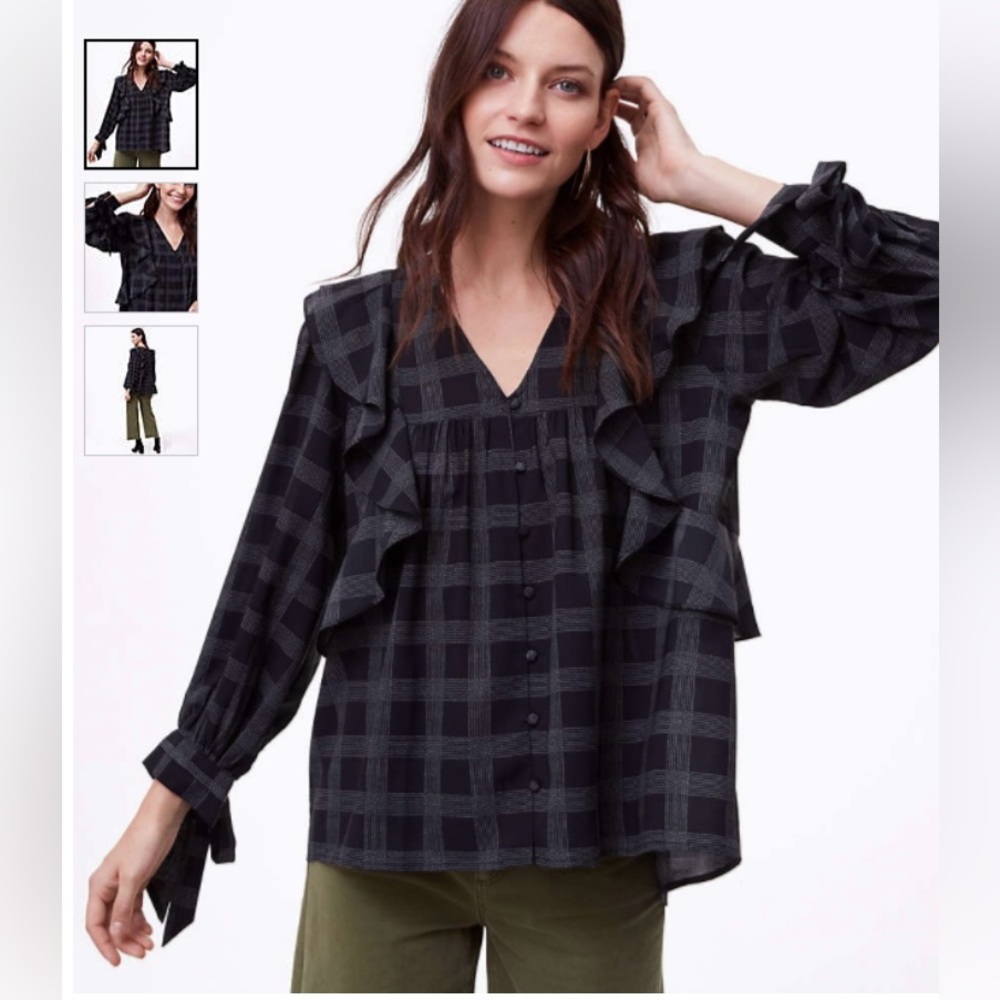 loft black ruffle plaid bow cuff blouse - like new size S